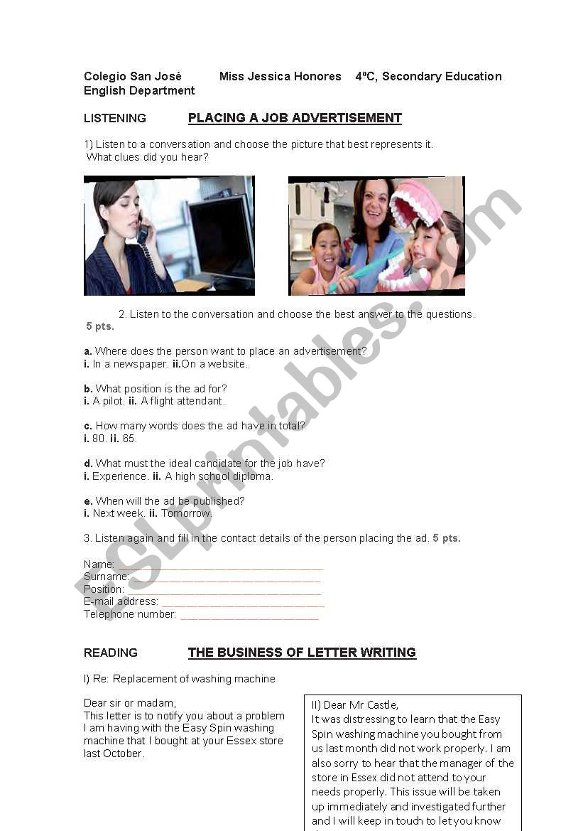 Business letter worksheet