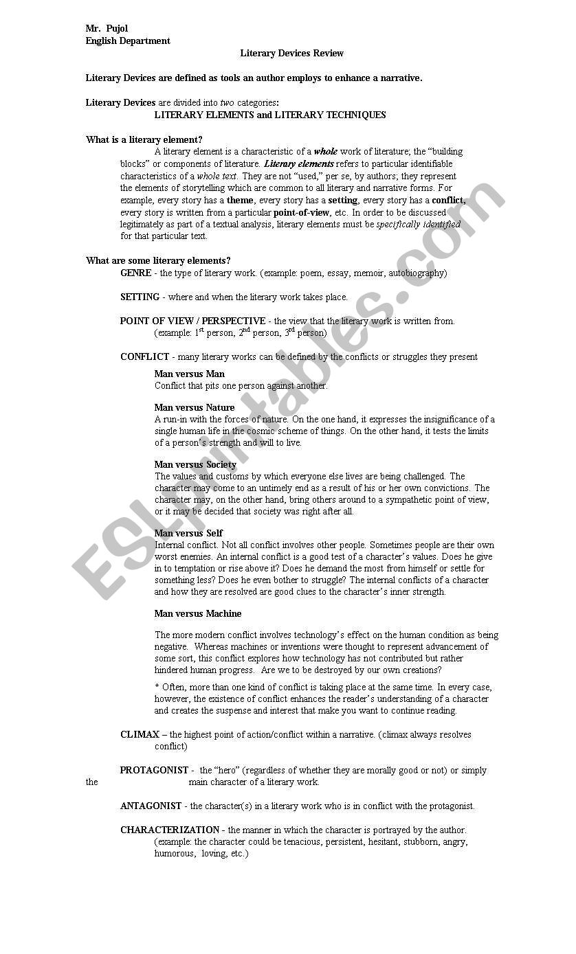 Literary elements sheet worksheet