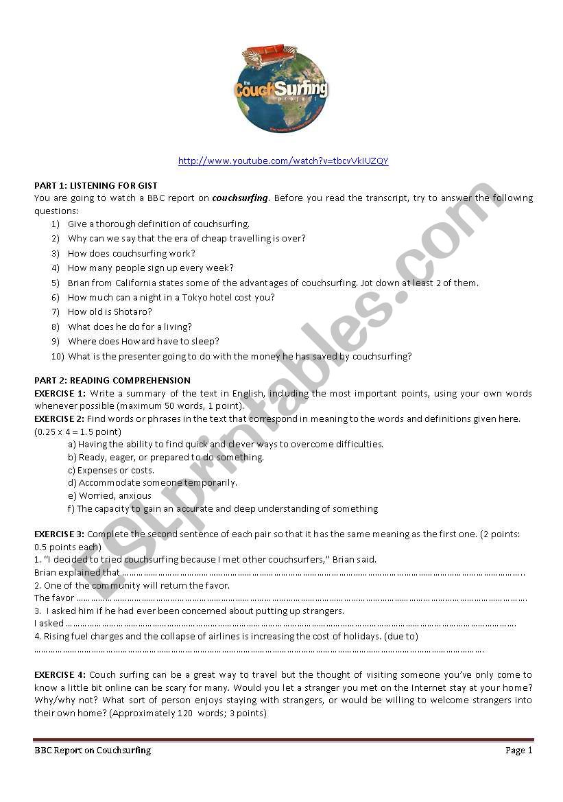 COUCHSURFING worksheet