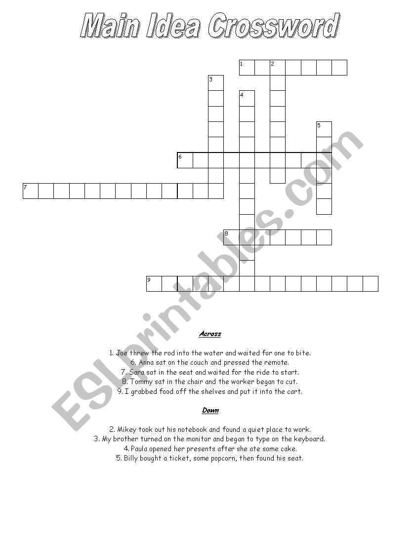 Main Idea Crossword worksheet