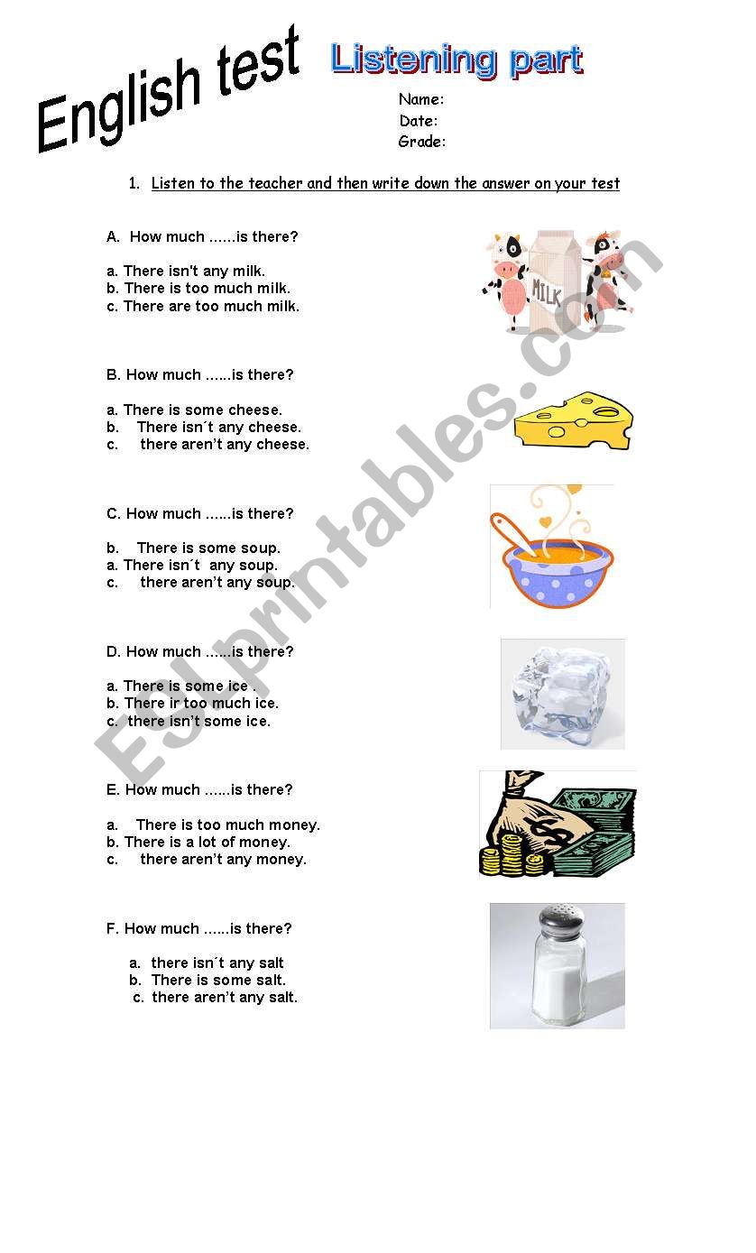 LISTENING UNCOUNTABLE TEST worksheet