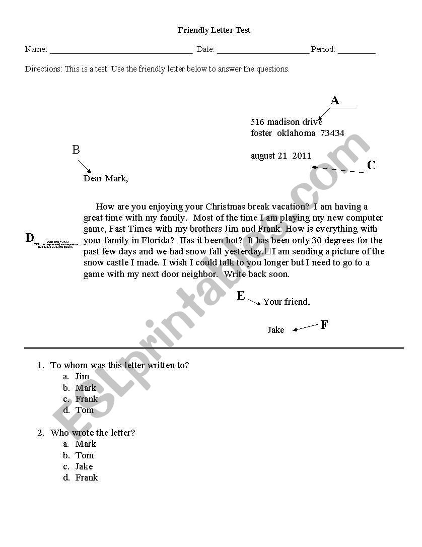 Friendly Letter test worksheet