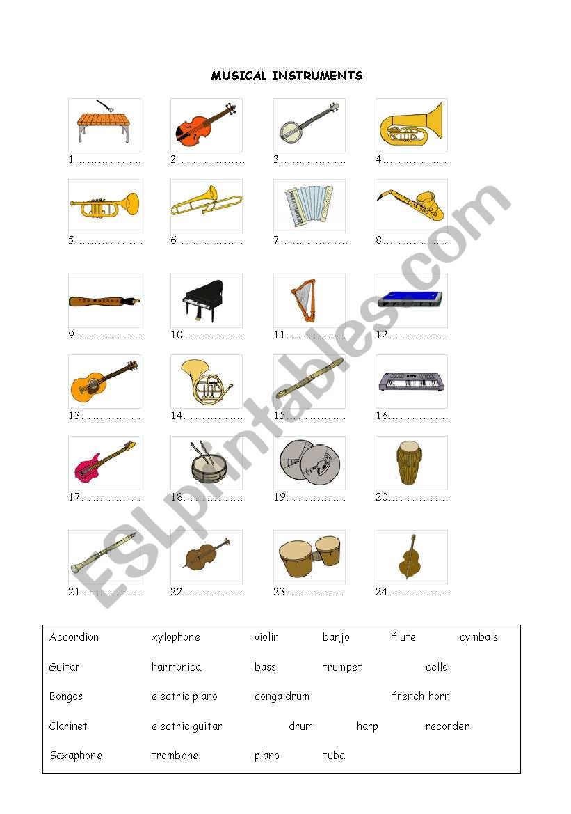 musical instruments worksheet