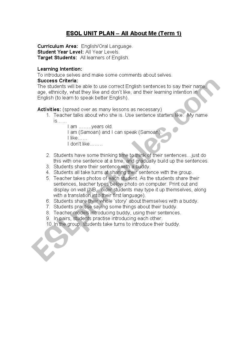 ESOL Unit Plan - ME worksheet