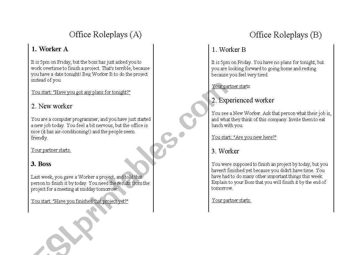 office roleplay worksheet