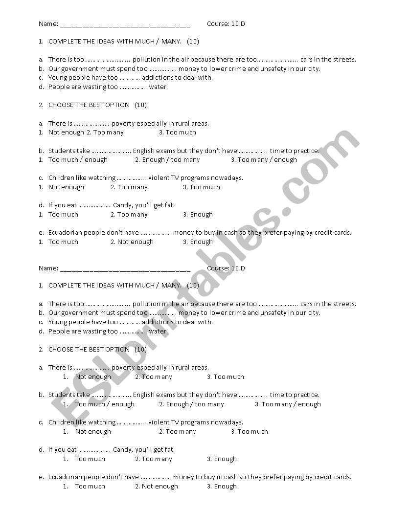 TOO MANY TOO MUCH NOT ENOUGH worksheet