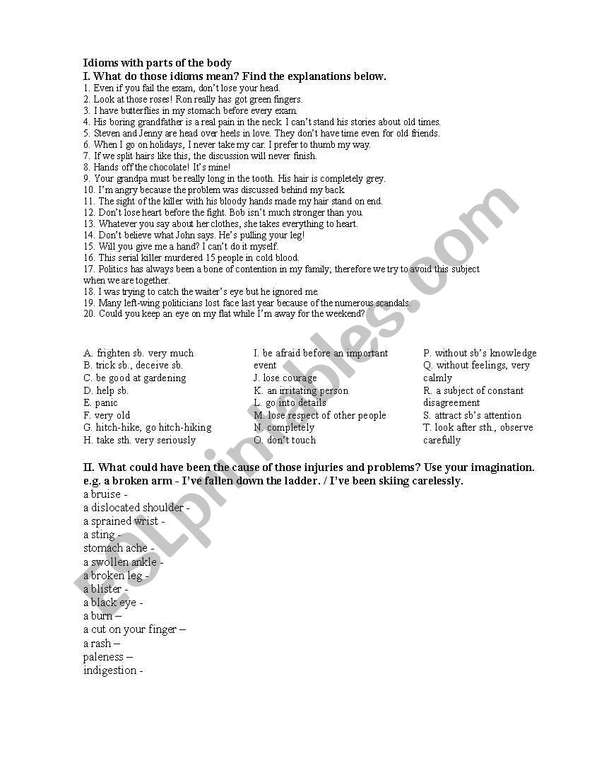 Idioms with Parts of the Body worksheet