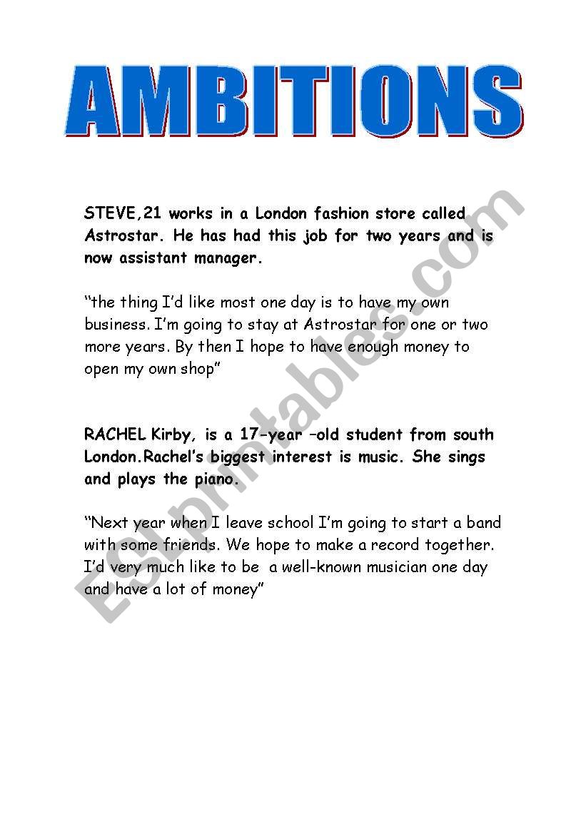 Ambitions  worksheet