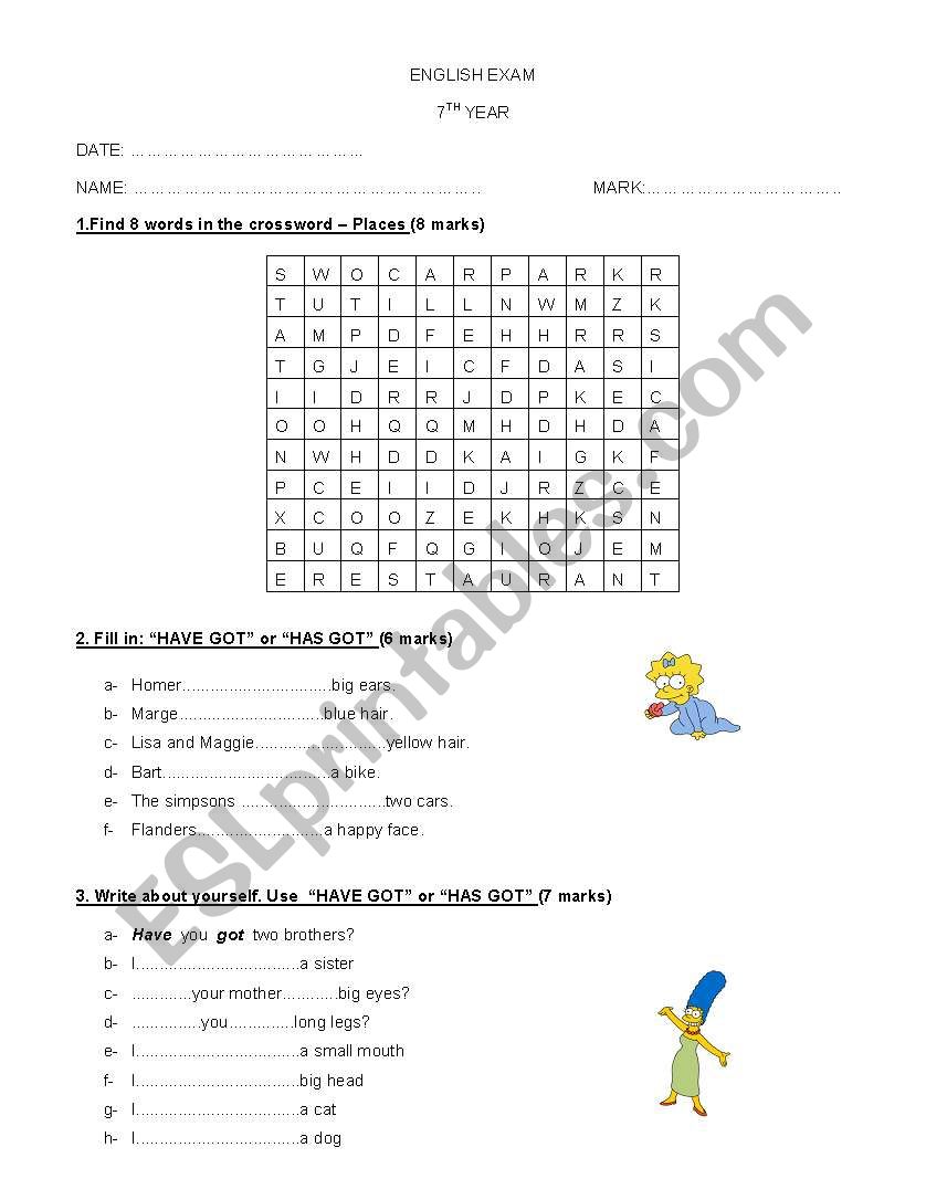 English exam worksheet