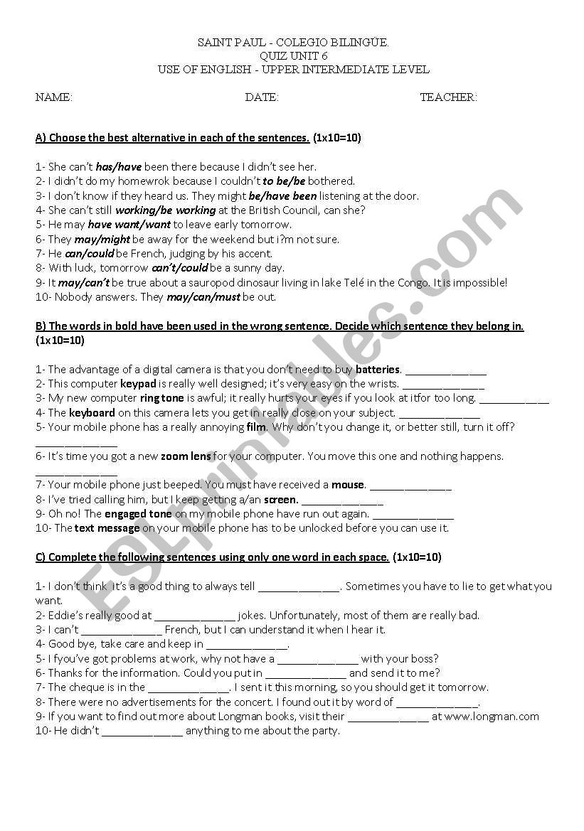 Unit 6 quiz FCE GOLD PLUS worksheet