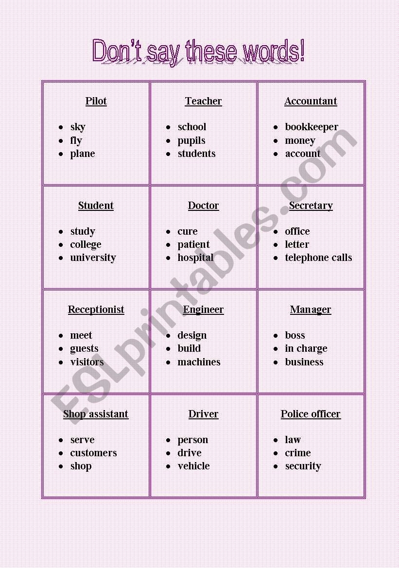 Jobs - Taboo worksheet