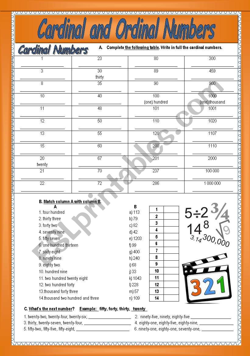 Cardinal and Ordinal numbers worksheet