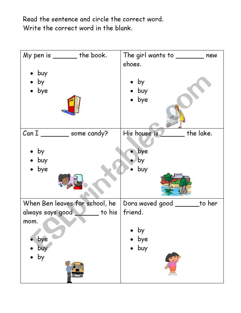 Homophones by-bye-buy worksheet