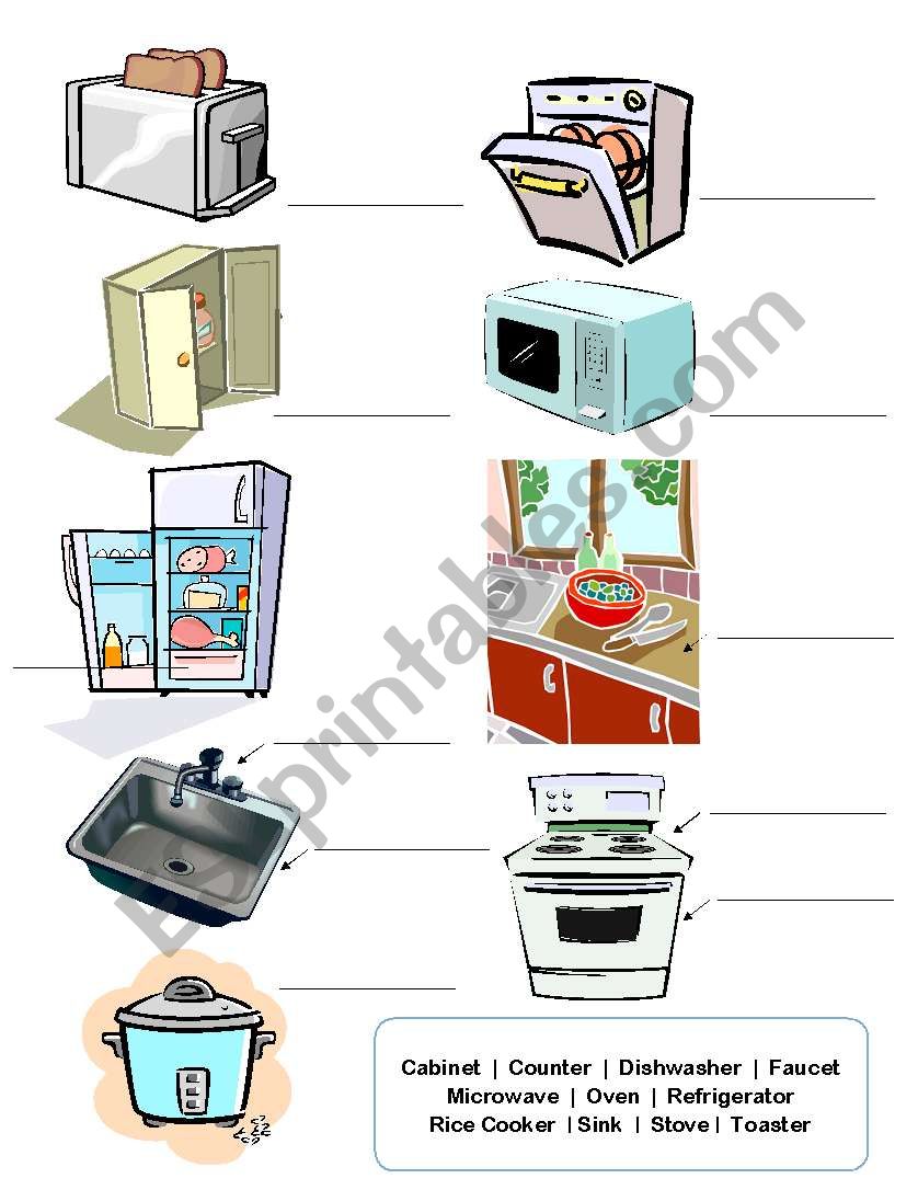 Kitchen Vocabulary Matching Worksheet with Answers