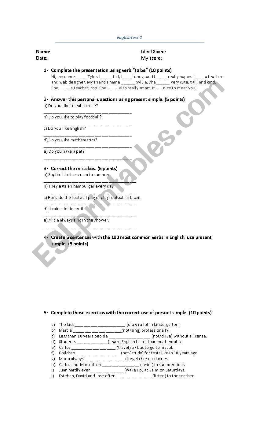 Verb to be and present simple test