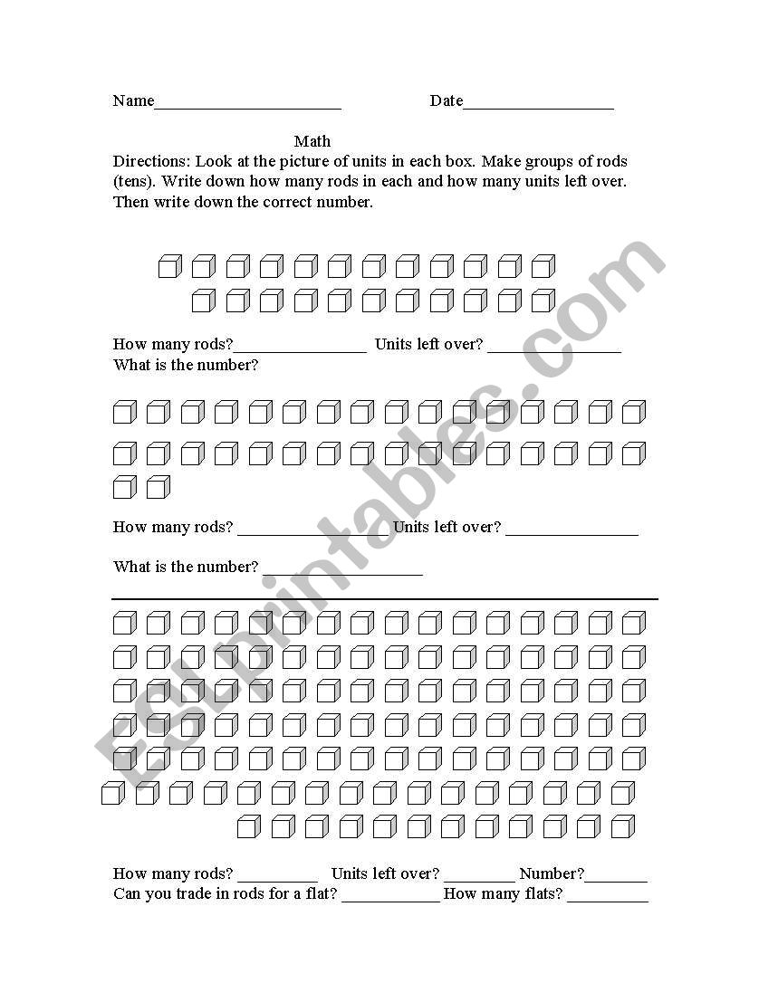 Rods, flats, units worksheet