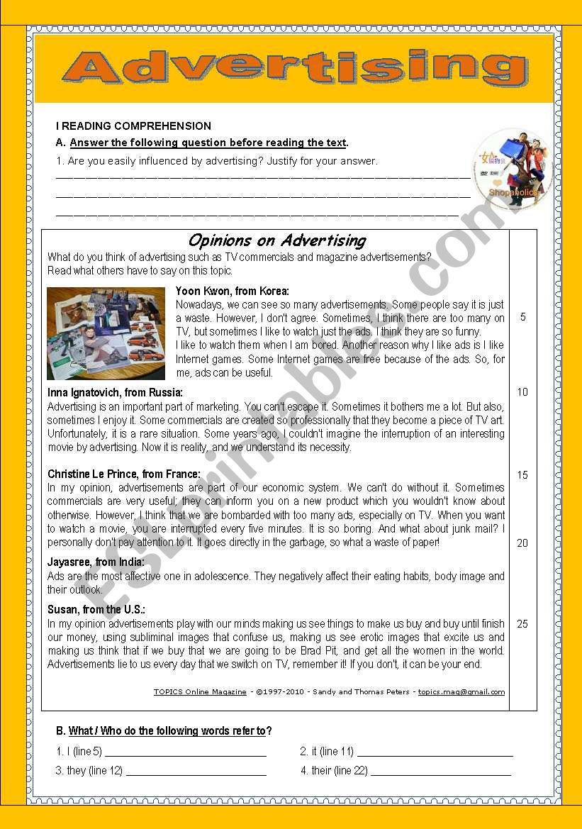 opinions on advertising worksheet