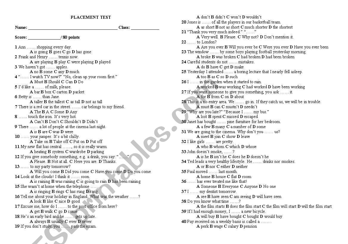 Placement Test worksheet