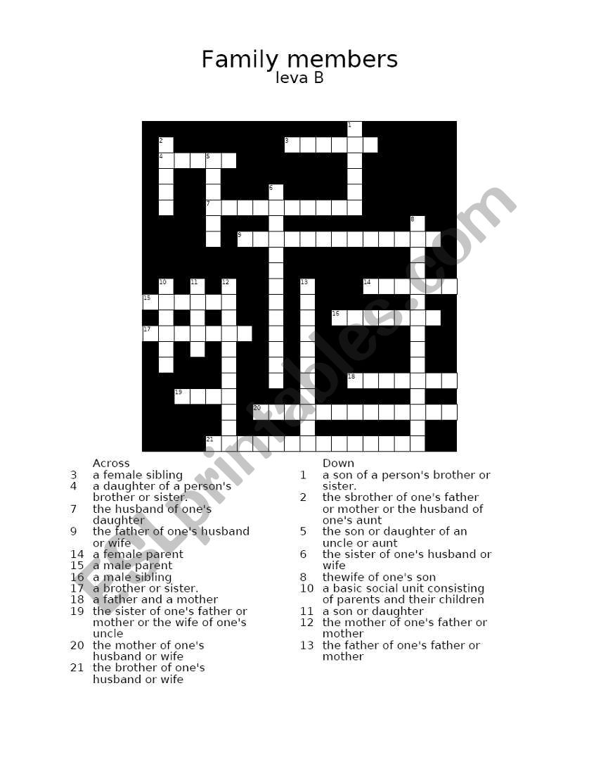Family members Crossword KEY worksheet