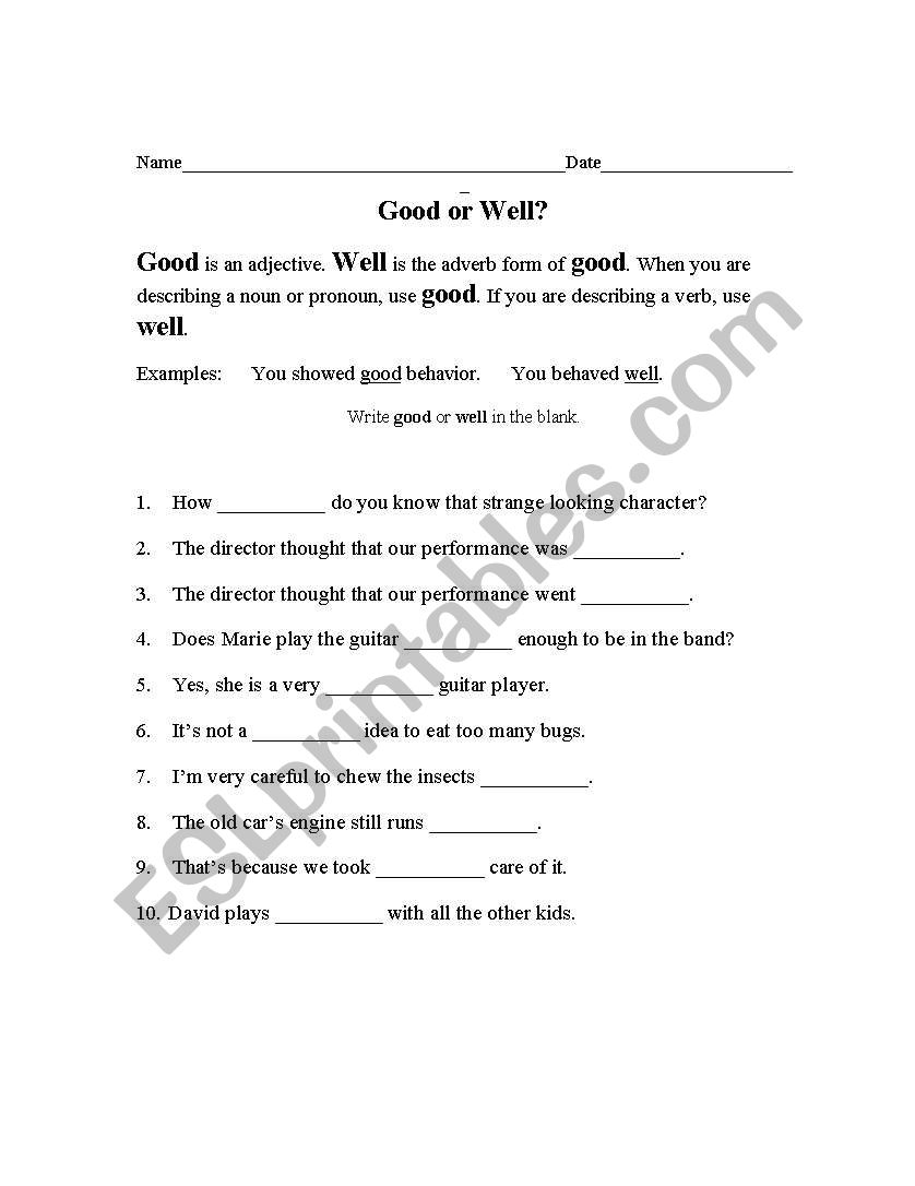 Good/Well Worksheet worksheet