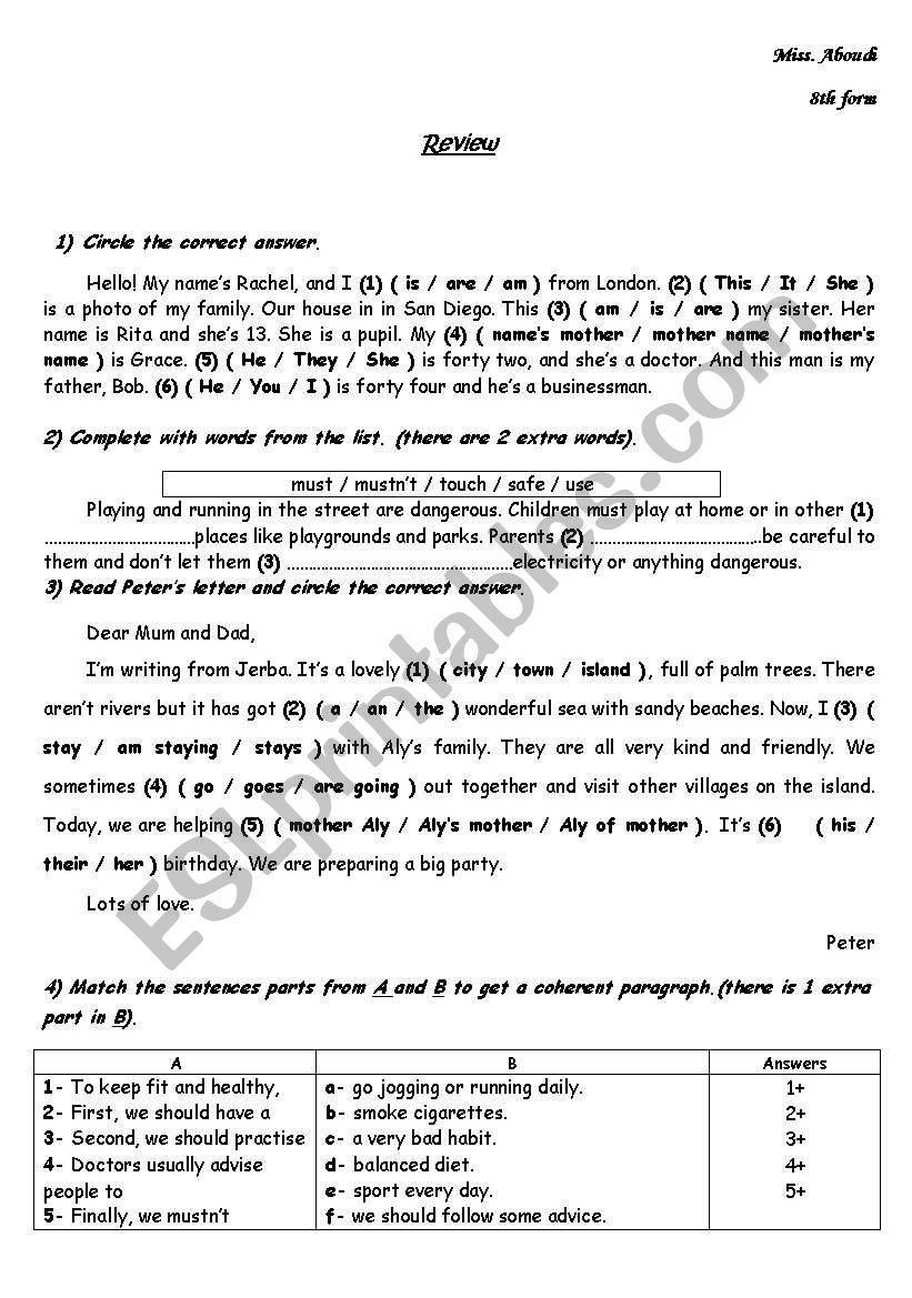 review 8th form ( tunisia ) worksheet