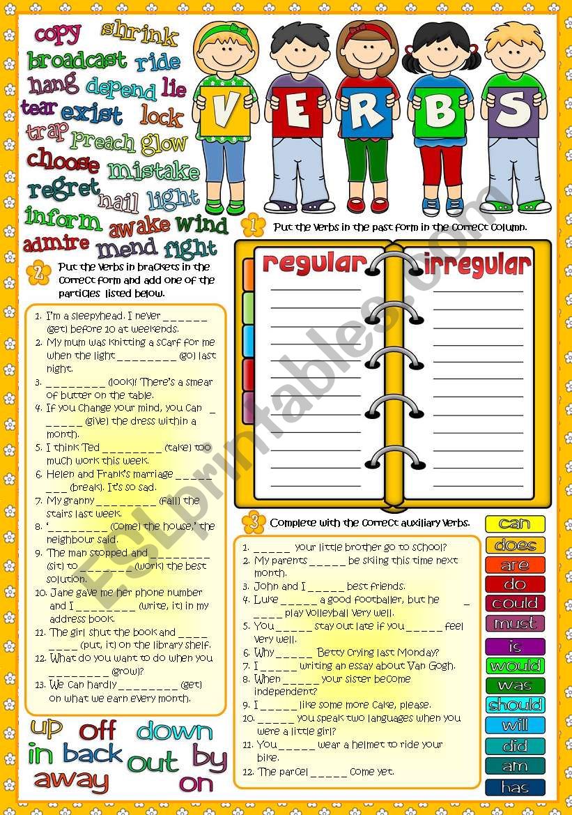 Parts of speech - VERBS 2 *Regular - Irrregular; Phrasal verbs; Auxiliary verbs* (Greyscale +KEY included)