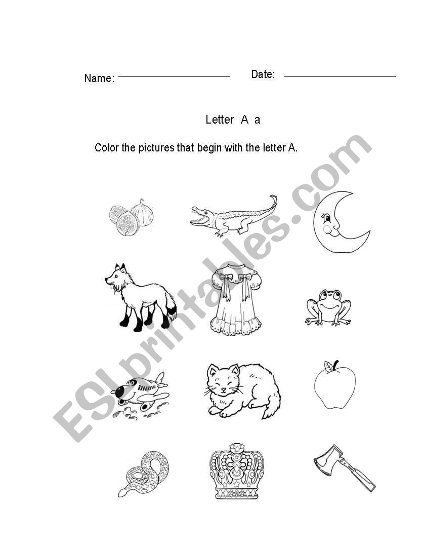 Color the pictures that begin with the letter A