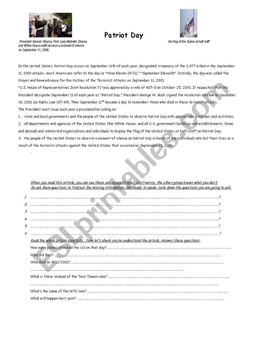 English Worksheets Patriot Day