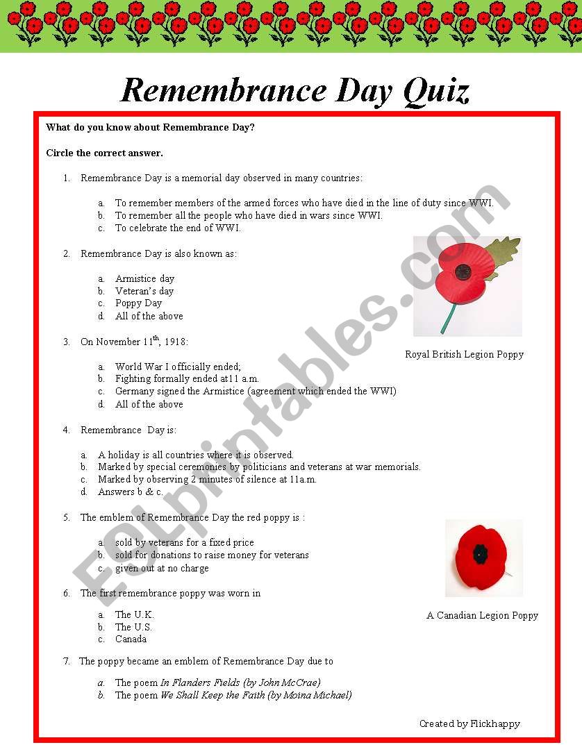 Remembrance Day Quiz worksheet