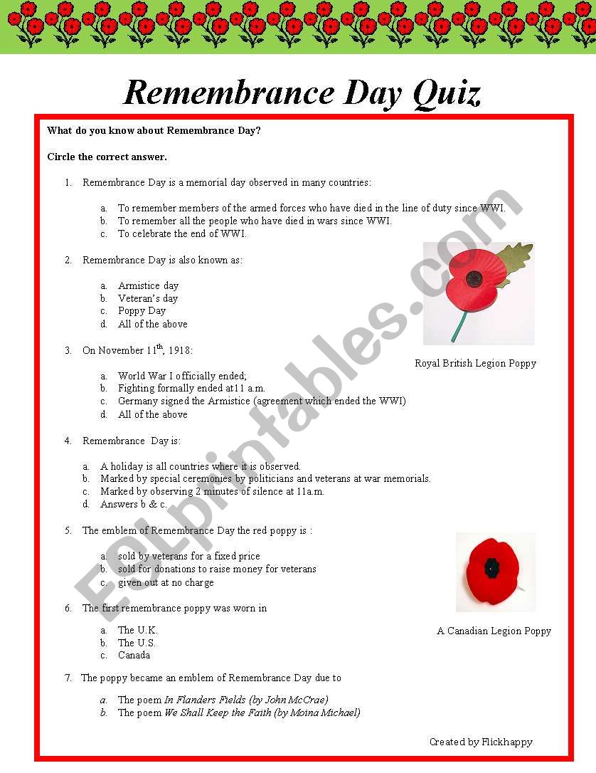 Remembrance Day Quiz worksheet