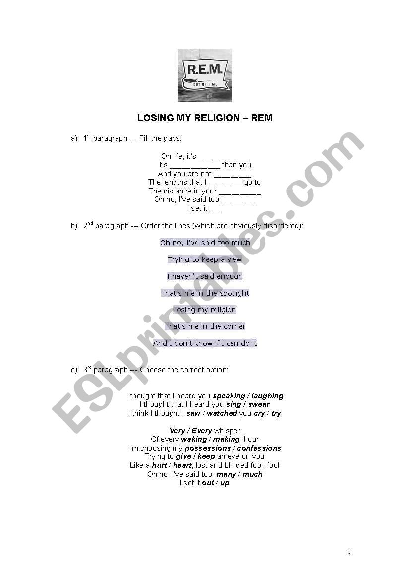 Losing my religion - REM worksheet