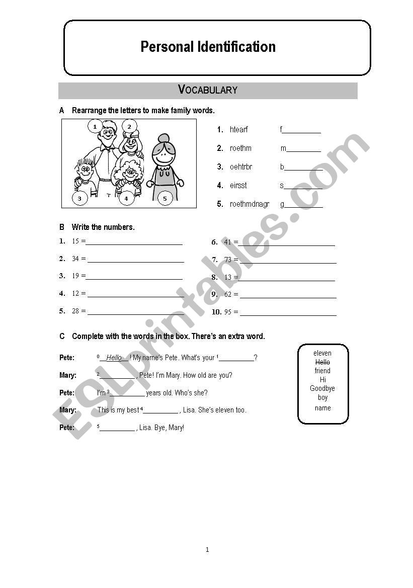 Test Personal Identification worksheet