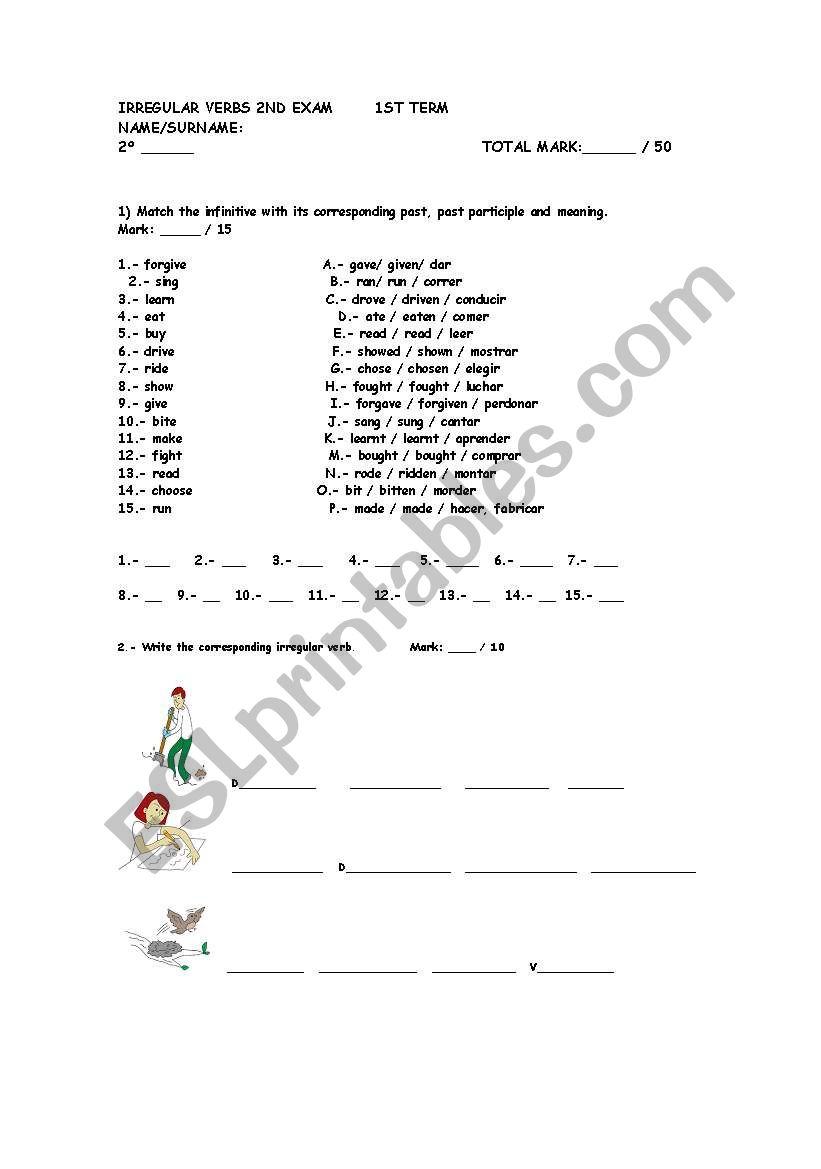 irregular english verbs exam worksheet
