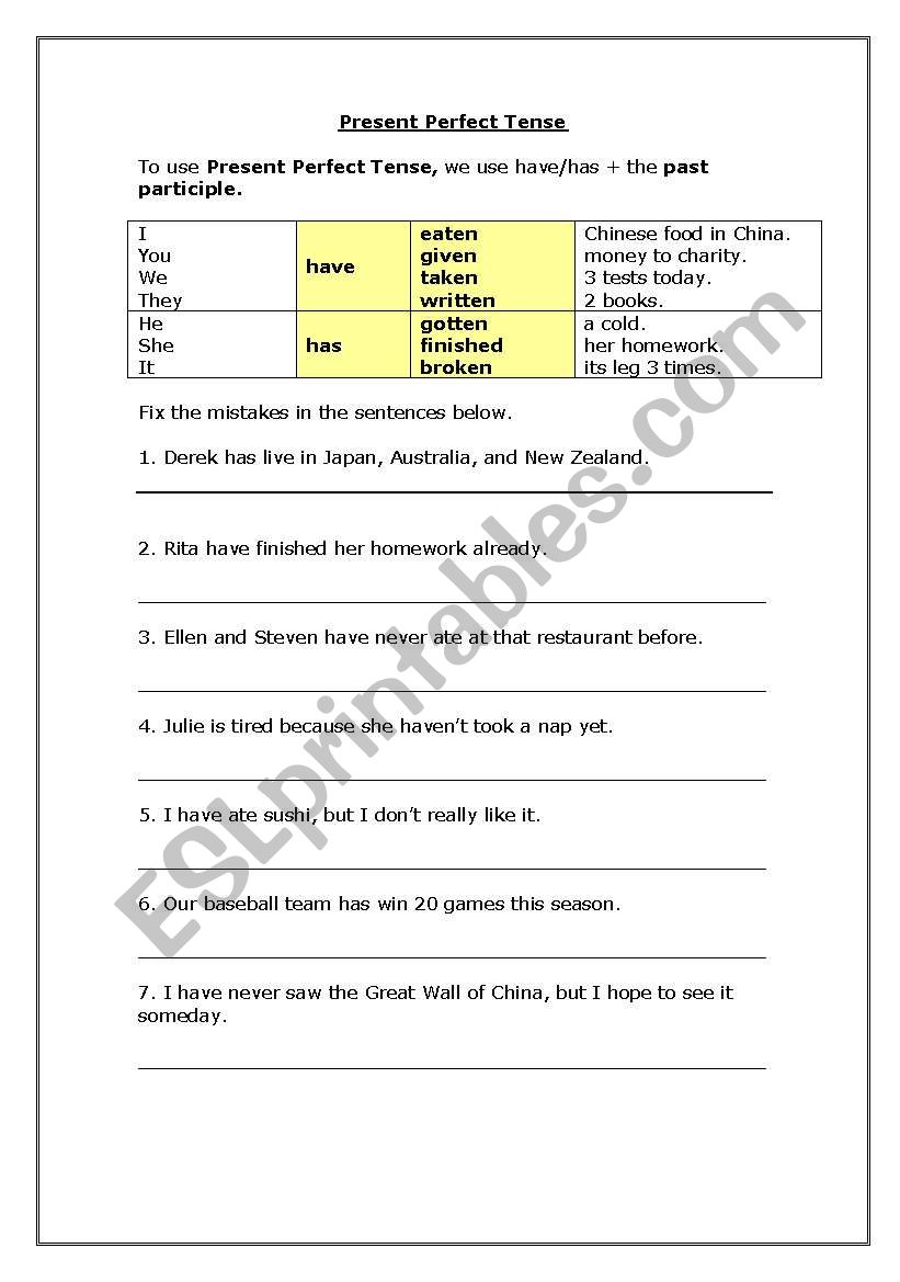 present perfect tense 2 worksheet