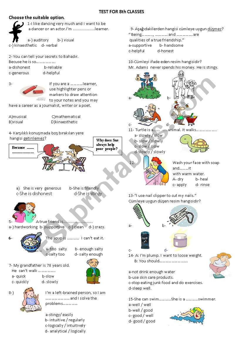 test for 8th classes worksheet