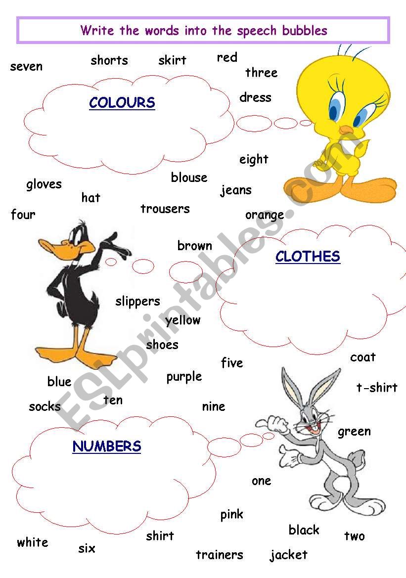 numbers-colours-clothes worksheet