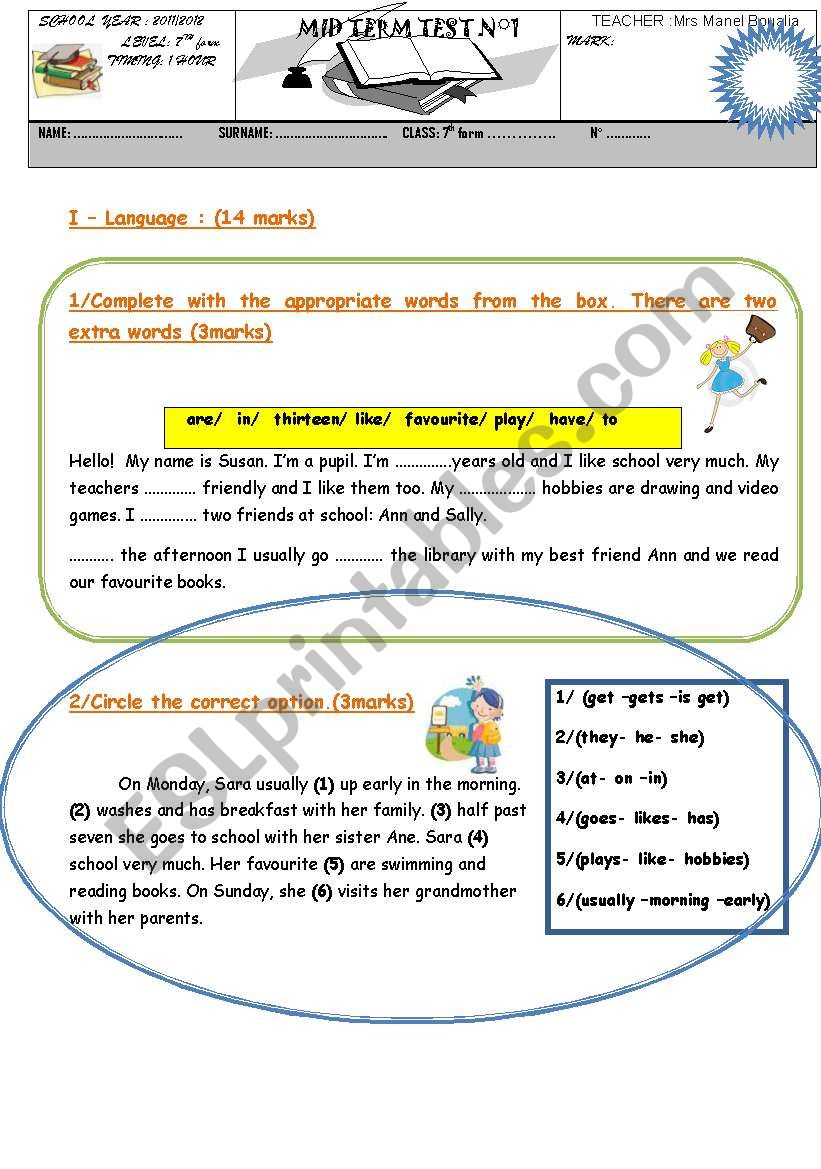 mid term test for 7th form worksheet