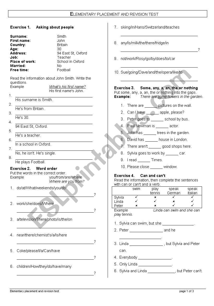 elementary revision test worksheet