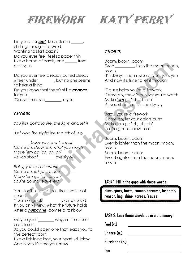 Firework Katy Perry worksheet