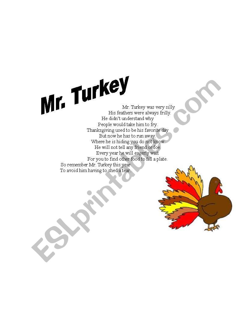 Mr. Turkey Poem worksheet