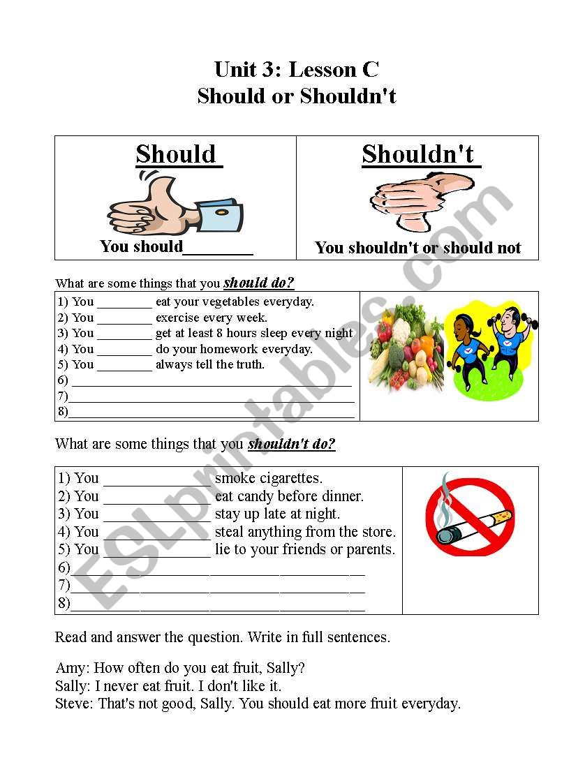 Should Shouldn´t About Being Healthy Worksheet Esl Worksheet By Ace308