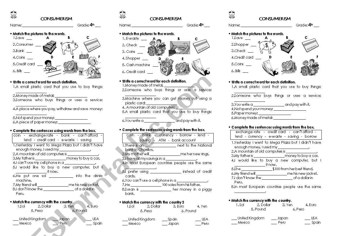 money verbs worksheet