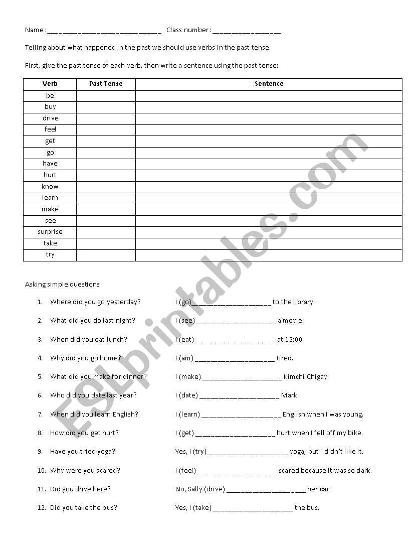 Simple Past Tense Verb worksheet