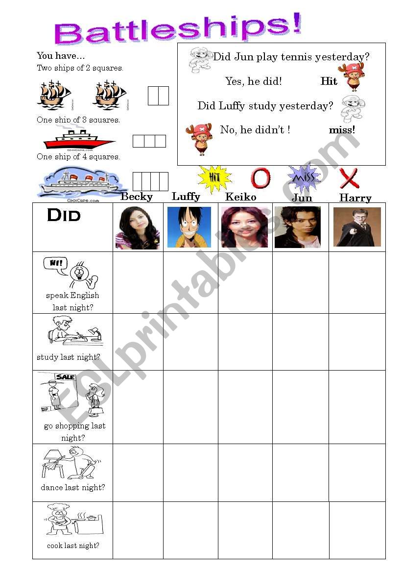 Past tense verbs Battleships worksheet