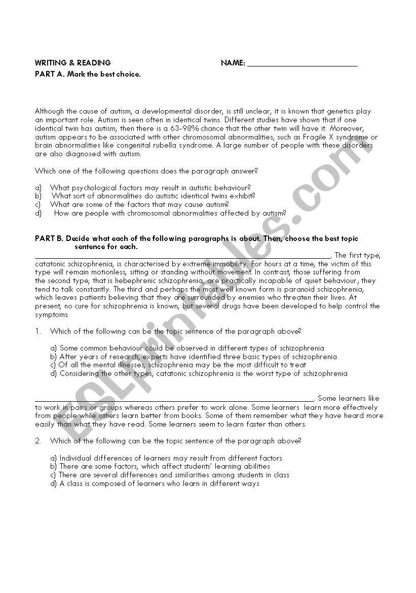 READING AND WRITING TEST worksheet