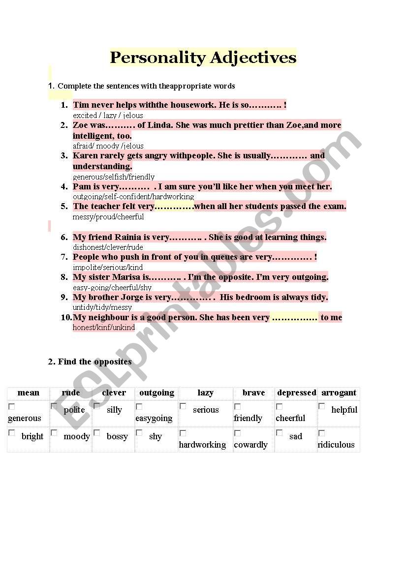 personality edjectives worksheet