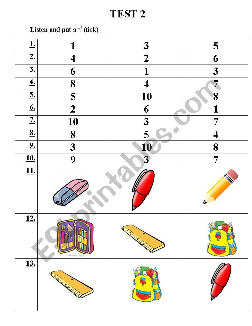 numbers and school things  listening test