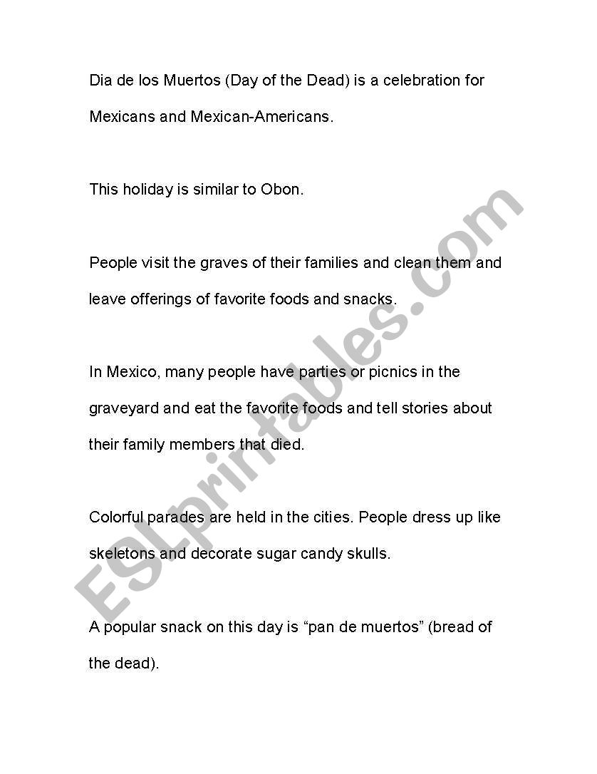 Dia de los Muertos Facts worksheet