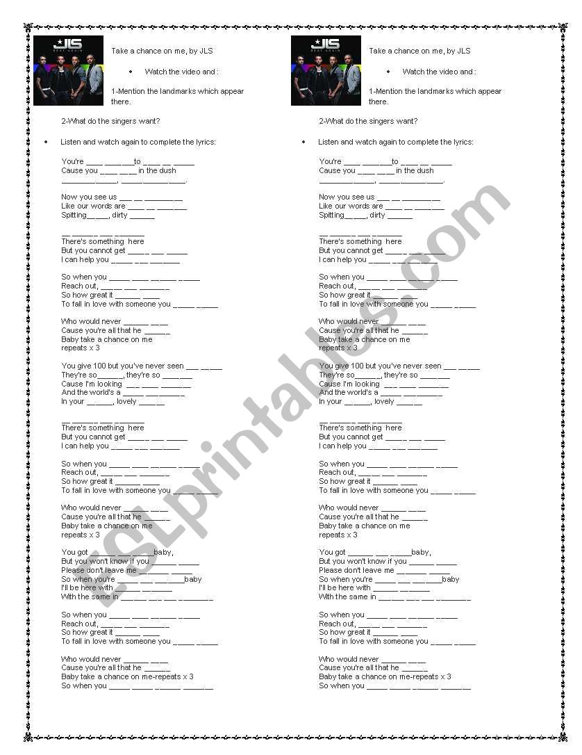 Take a chance on me by JLS worksheet