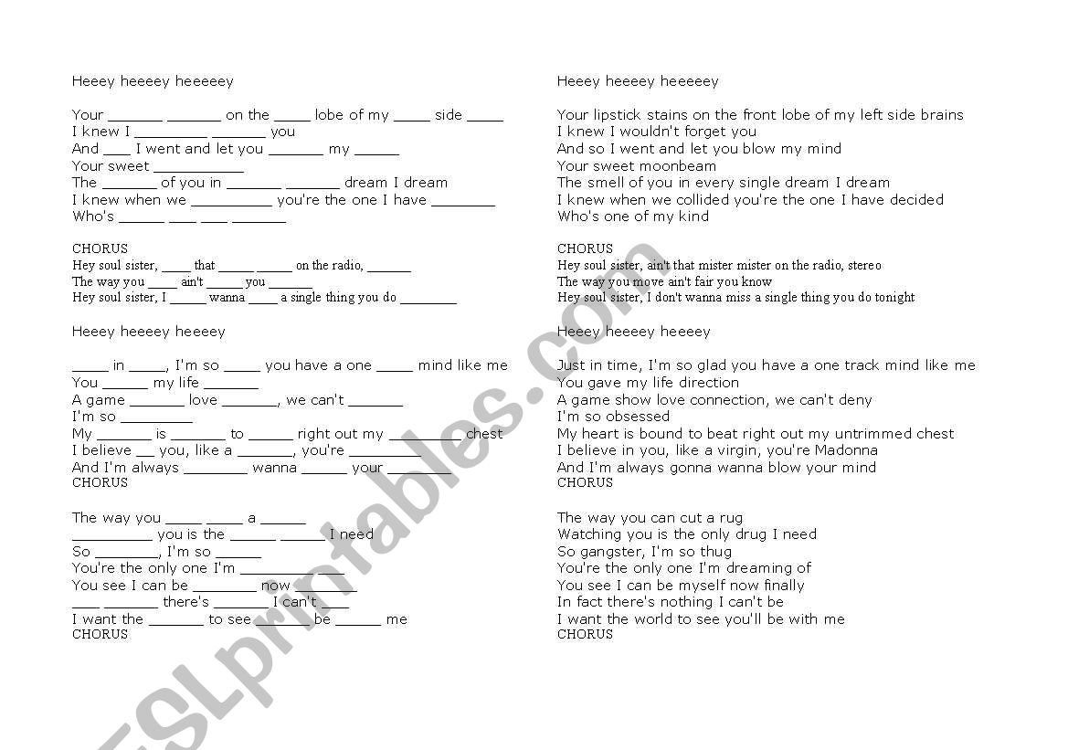 Hey soul sister worksheet